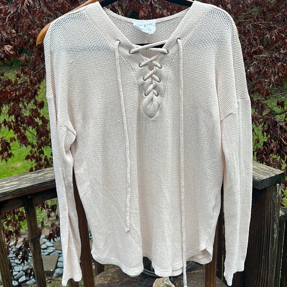 Sadie & Love laced drawstring v neck knit crop pullover sweater Ivory size Large - Picture 2 of 5